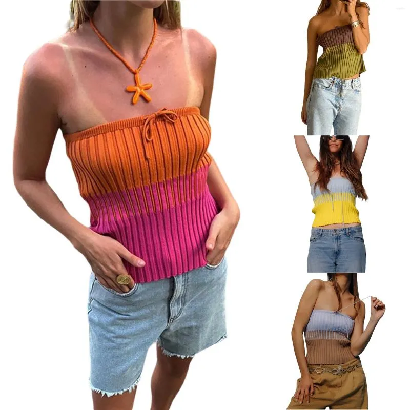 Tanks Femmes Femmes Esthétique Tricot Ajusté Crochet Tube Top Sans Manches Hors Épaule Bandeau Été Côtelé Dos Nu Chemise Courte Streetwear