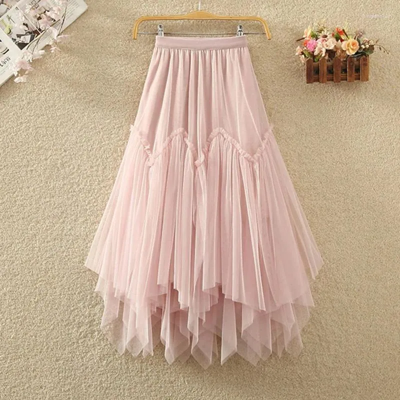 스커트 Tigena Tutu Tulle Long Skirt for Women 2024 여름 한국 패션 불규칙성 밑단 하이 허리 주름 메쉬 미디 여성 핑크