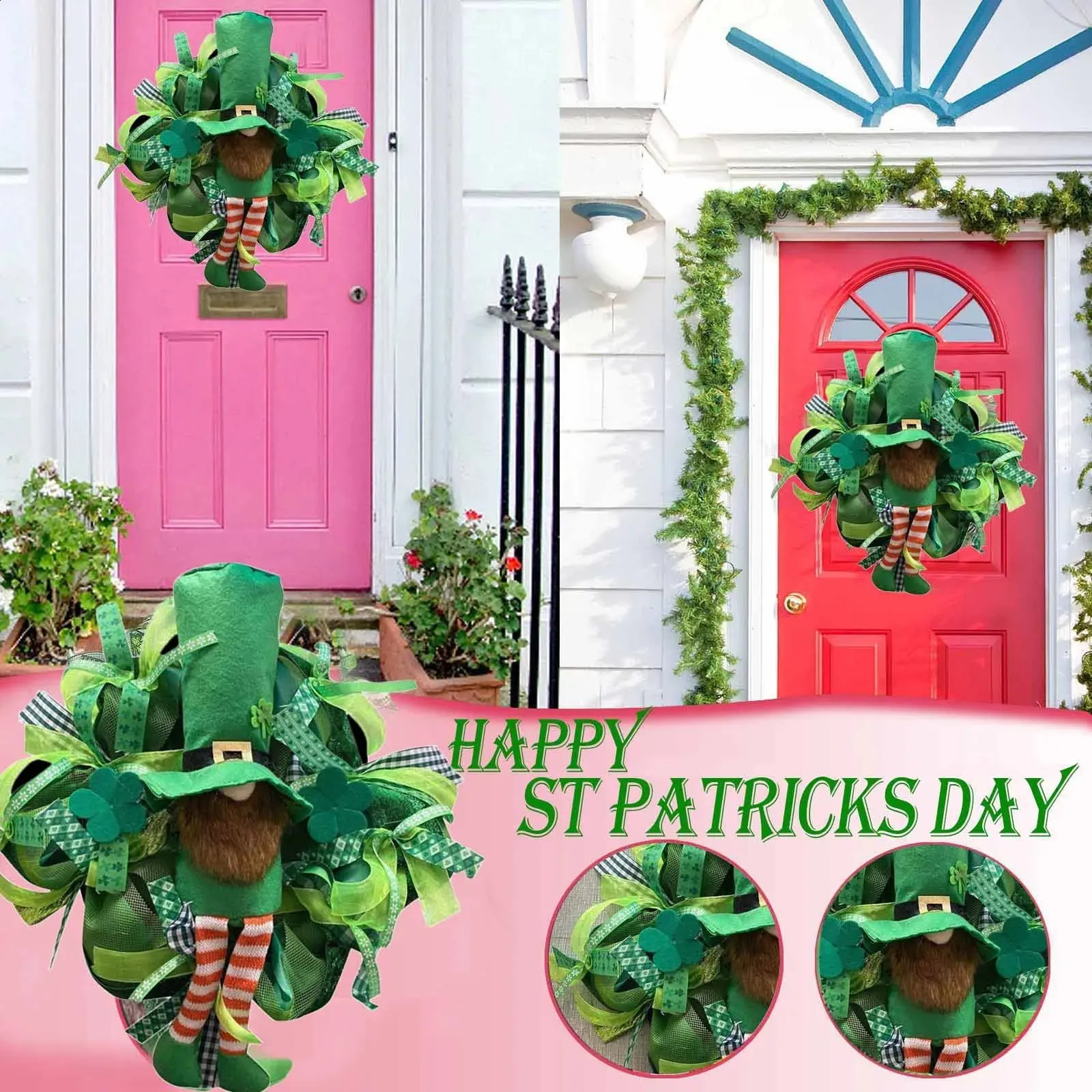 St. Patrick's Day Kobold-Kranz, Kleeblatt, Kobold, antikes Buntglas-Fensterpaneel, Trompetenornament, Keramik-Herbstblätter 240125