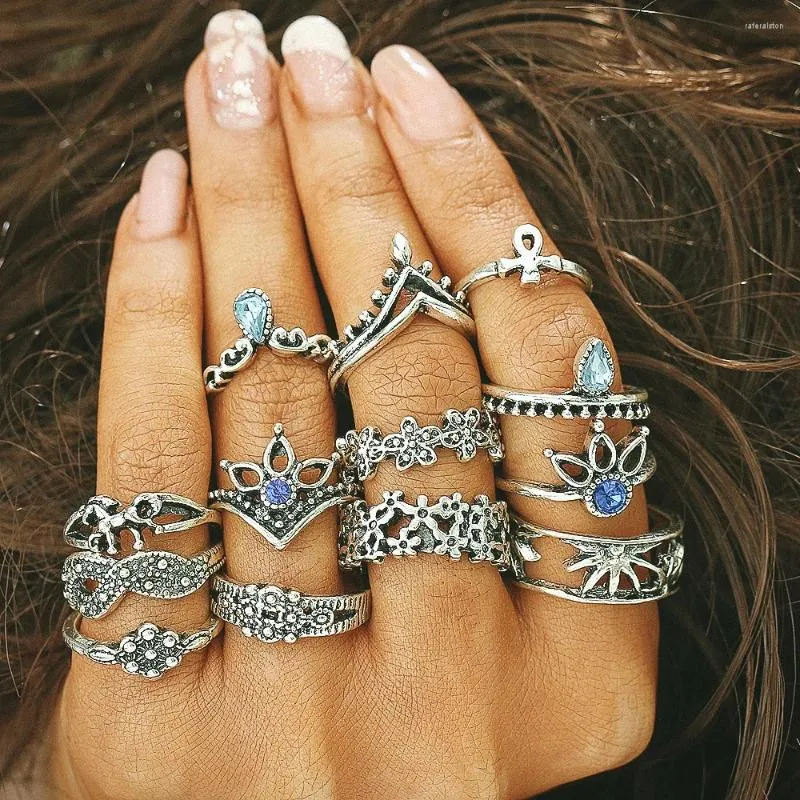 Klusterringar 13 datorer/set retro snidad silverfärg guld blomma runda midi ring set knog för kvinnor damer finger vintage boho anel