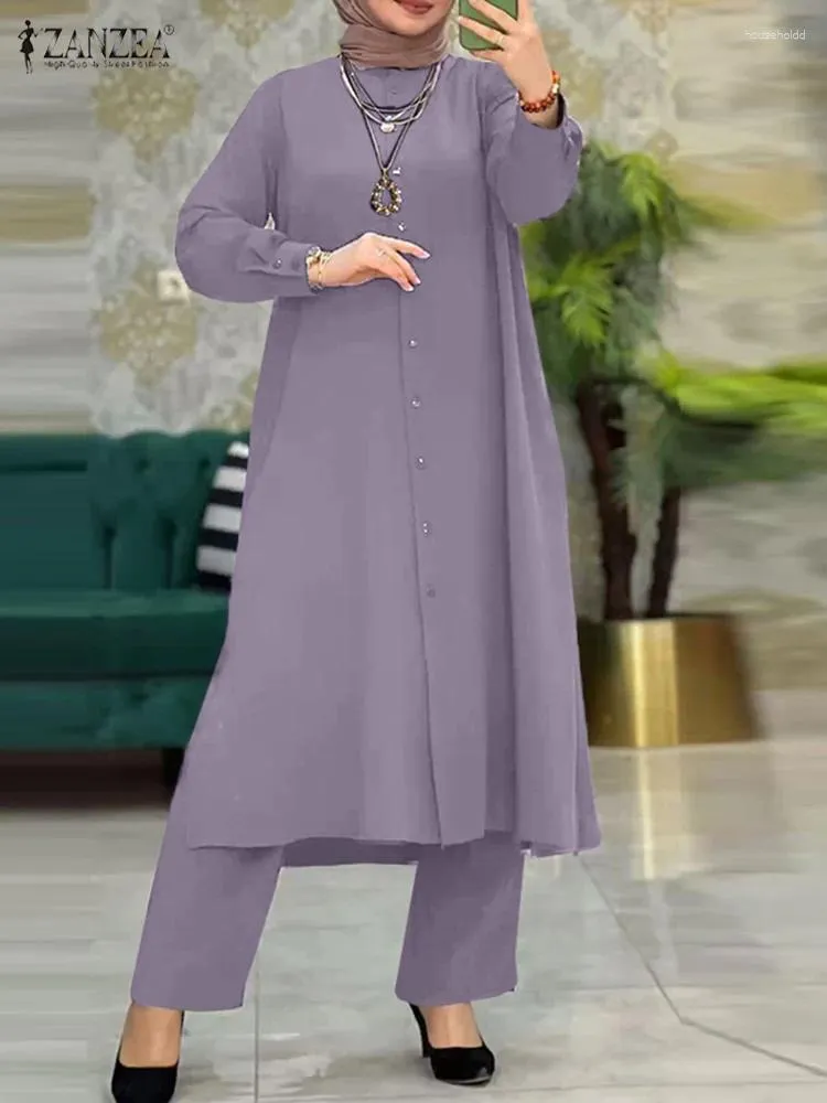 Ethnic Clothing ZANZEA Fashion Urban Tracksuit Muslim Women Wide Leg Pant Sets Islamic Ramadan Lapel Neck Long Sleeve Shirt Turkey 2PCS