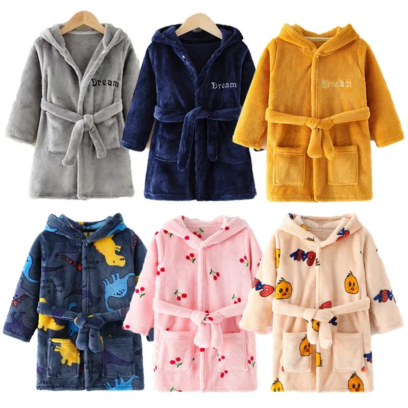 Winter Children Bath Robes Cartoon Pajamas Boy Girl Flannel Sleepwear Kids Clothing Baby Warm Bathrobe Casual Homewear 240130