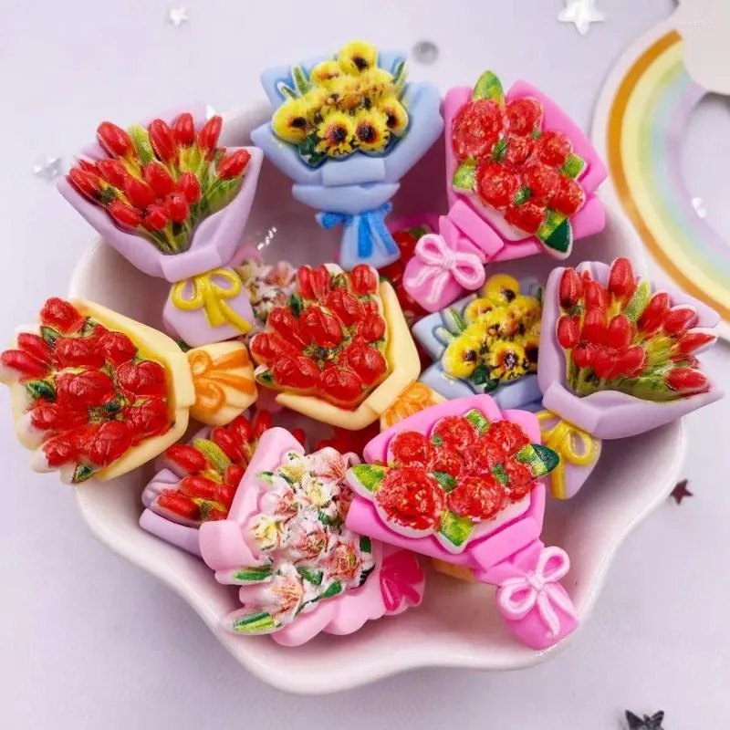 Figurines décoratives 10 pièces résine Kawaii coloré peint 3D bouquet de fleurs Flatback pierre Scrapbook Figurine bricolage décor accessoires pour la maison