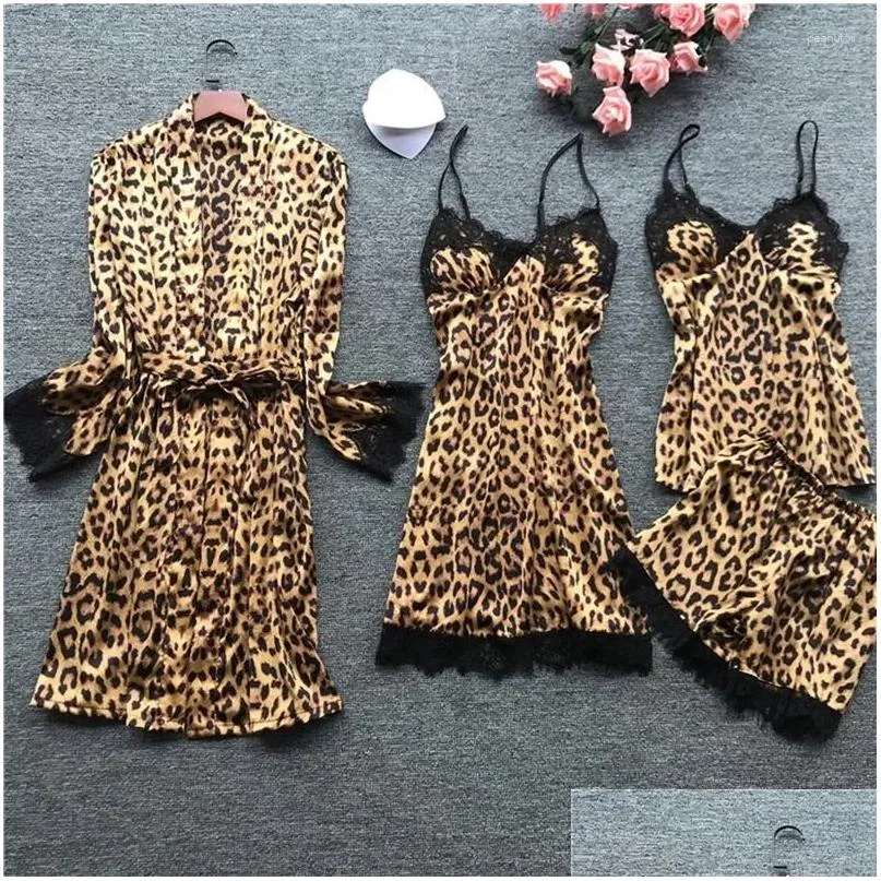 Kvinnors sömnkläder kvinnor leopard tryck sexiga kvinnor pyjamas sätter satin pijama silke hemkläder broderi sömn lounge pyjama nattkläder dhru3