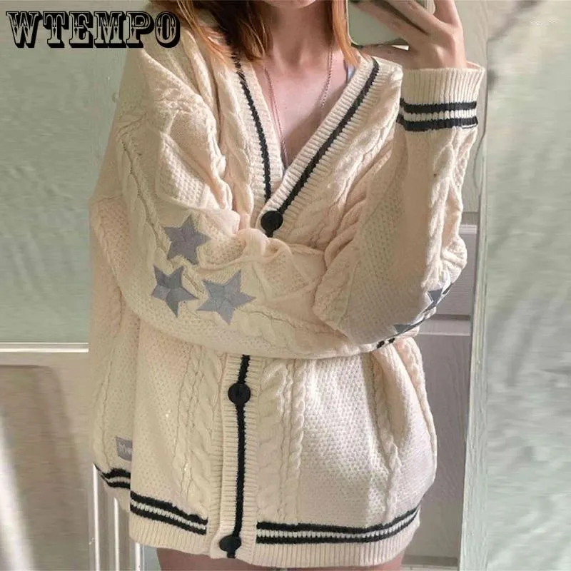 Women's Knits WTEMPO Chic Vintage Star Print Knitted Cardigan Preppy Cute Button Up V-Neck Long Sleeve Coat Fall Y2K Aesthetics Retro