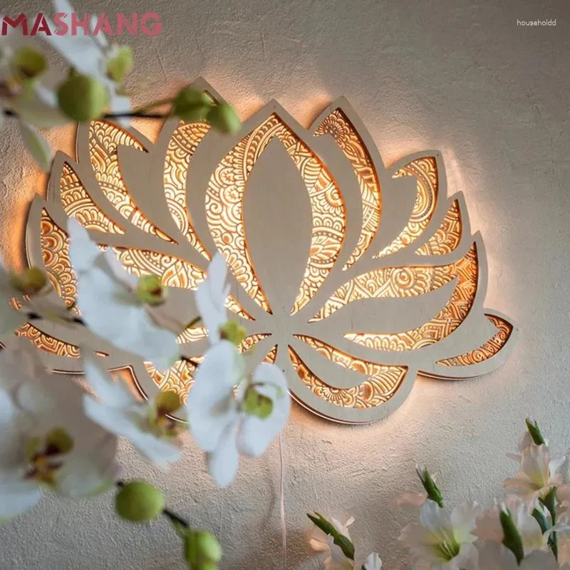 Night Lights Creative 3D Lotus Mandala Yoga Room Light LED Carved Atmosphere Wall Hanging Wooden Lamp For Home Bed Art Decoration