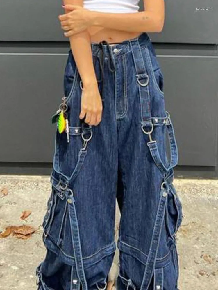 Damenjeans Cuteandpsycho Streetwear Lose Y2K Punk Denim Cargos Große Taschen Harajuku Breites Bein Ästhetische Lässige 2000er Jahre Kleidung