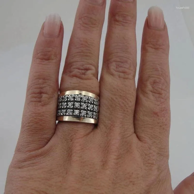 Cluster Ringen Vintage Twee Tone Drie Lijnen Witte Steen Brede Ring Voor Vrouwen Mannen Bruiloft Banket Retro Verjaardag Sieraden