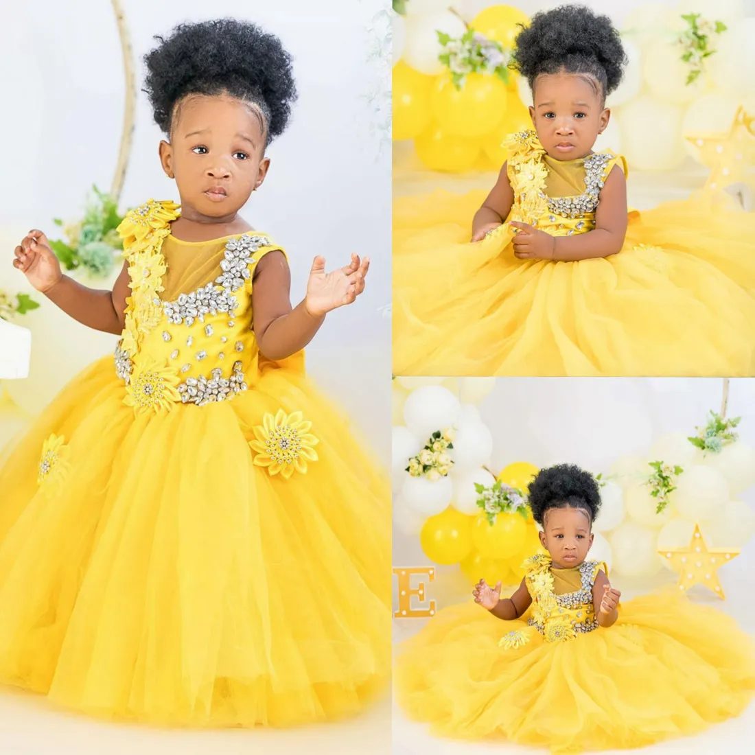 Amarelo pequeno crianças vestido de aniversário sheer pescoço vestidos de menina de flor para casamento em camadas tule rehinestones feitos à mão flores vestidos de noiva NF083