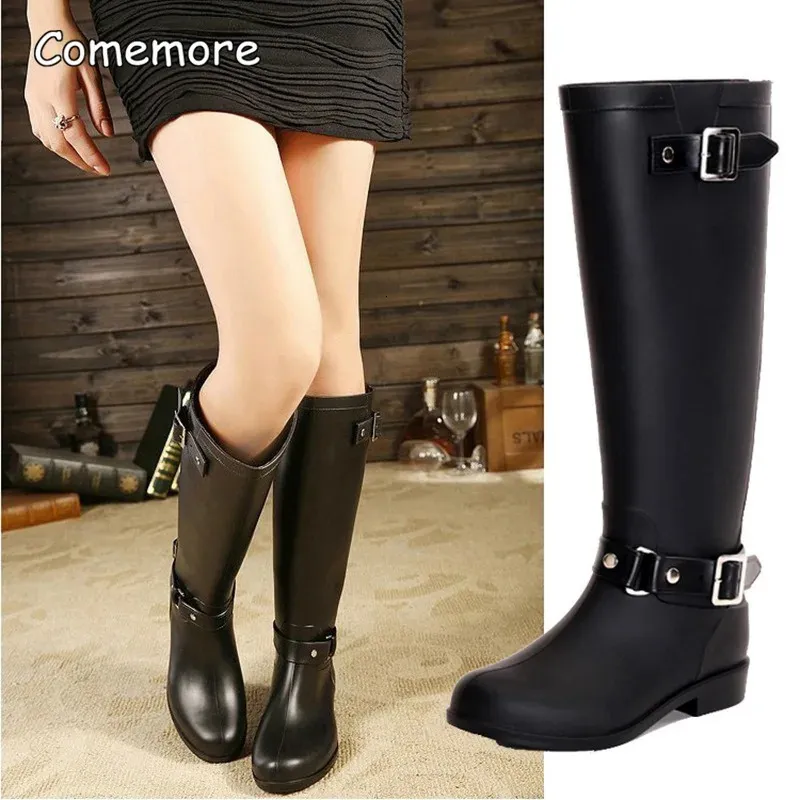 Comemore femmes noir eau mode Zip bottes de pluie haute femme PVC bottes de pluie confortables chaussures plates imperméables 240125
