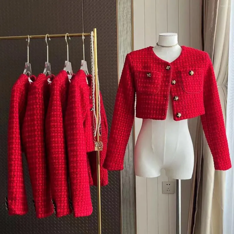 Jaquetas femininas de alta qualidade chique outono inverno vermelho lã curta jaqueta casaco doce moda mulheres o pescoço único breasted tweed tecer cortado