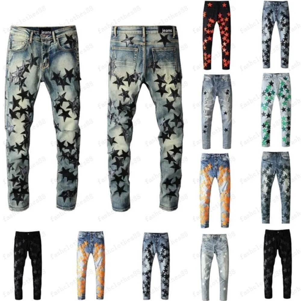 Dżinsy męskie rozryte Slim Fit Polne Męskie spodnie Orange Star Patch Doorable Biker Elastery Biker Trendy Długość prosta hip hop z otworami niebieski