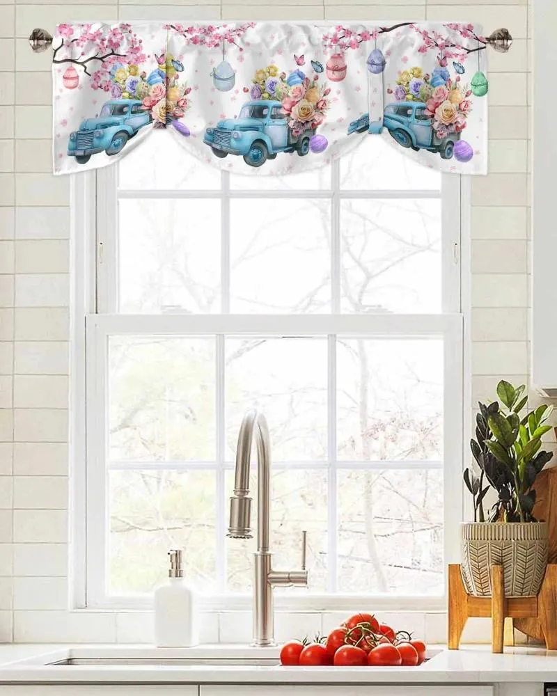 Curtain Easter Eggs Flower Truck Short Window Adjustable Tie Up Valance For Living Room Kitchen Drapes