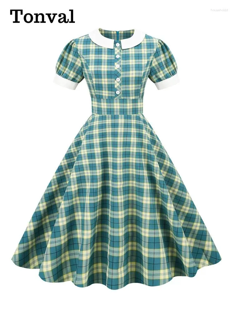 Vestidos de festa Tonval Penter-Pan Collar Botão Frente Verde Xadrez Rockabilly Vintage para Mulheres Cintura Alta Elegante Vestido A-Line