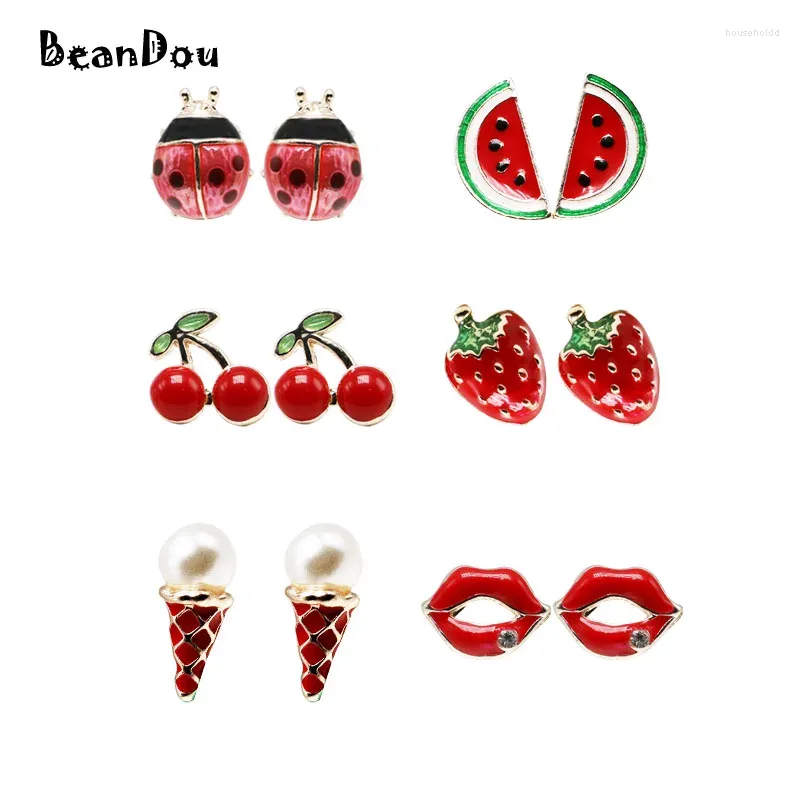 Stud Earrings 1pair Fashion Ear Studs Pendientes Ladybug Lips Icecream Cherry Watermelon Strawberry Oil Drip Red Lovely Fruite Brinco