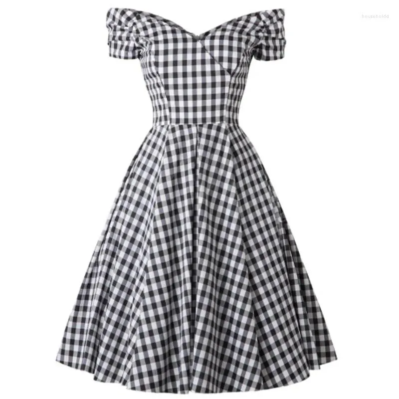 Party Dresses Retro Vintage 50s Rockabilly Casual Dress Off The Shoulder Black Plaid England Style Pin Up Women Clothing