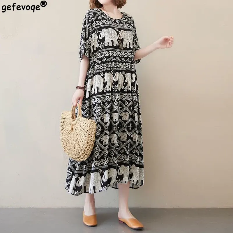 Vestidos de verão novo vintage o pescoço solto cintura impressão vestido longo dobras meados de bezerro meia manga vestidos bonito moda casual roupas femininas