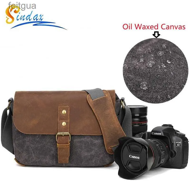 Kamera Çantası Aksesuarları Açık Fotoğraf Çantası DSLR Retro Su Geçirmez Tuval İle Cowhide Micro Bir Omuz Lens YQ240204