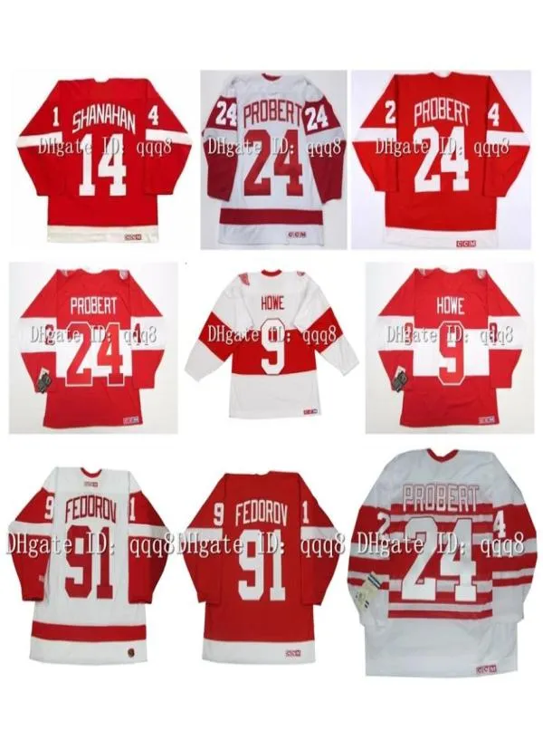 Maglie da hockey vintage CCM 14 Brendan Shanahan 24 BOB PROBERT 55 LARRY MURPHY 9 Gordie Howe 91 Sergei Fedorov 20 REDMOND Rosso Bianco3690987