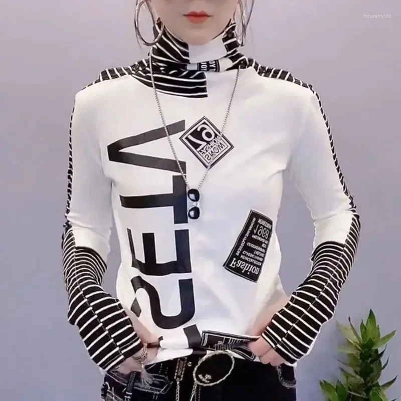 Koszulki damskie Modne wydrukowane litera w paski Striped Tree koszula żeńska odzież 2024 Autumn Winter All-Match Pullovers Koreańskie