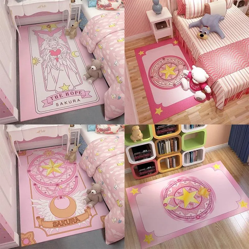 Tappeti Decorazione della stanza Kawaii Tappetino rosa Cartone animato Tarocchi Magia Carte Array Tappeto Porta Soggiorno Camera da letto Casa