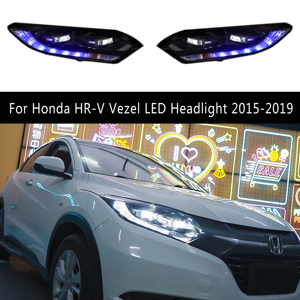 Accesorios para coche, luz de circulación diurna, señal de giro tipo serpentina para Honda HR-V Vezel, conjunto de faros LED 15-19, lámpara frontal, piezas de automóvil