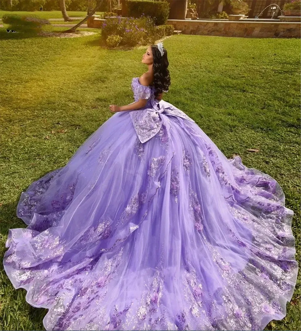 Quinceanera Lavender 드레스 Bow Applique Vestidos de 15 Anos Tulle Lace Beading Mexican Girls 생일 가운