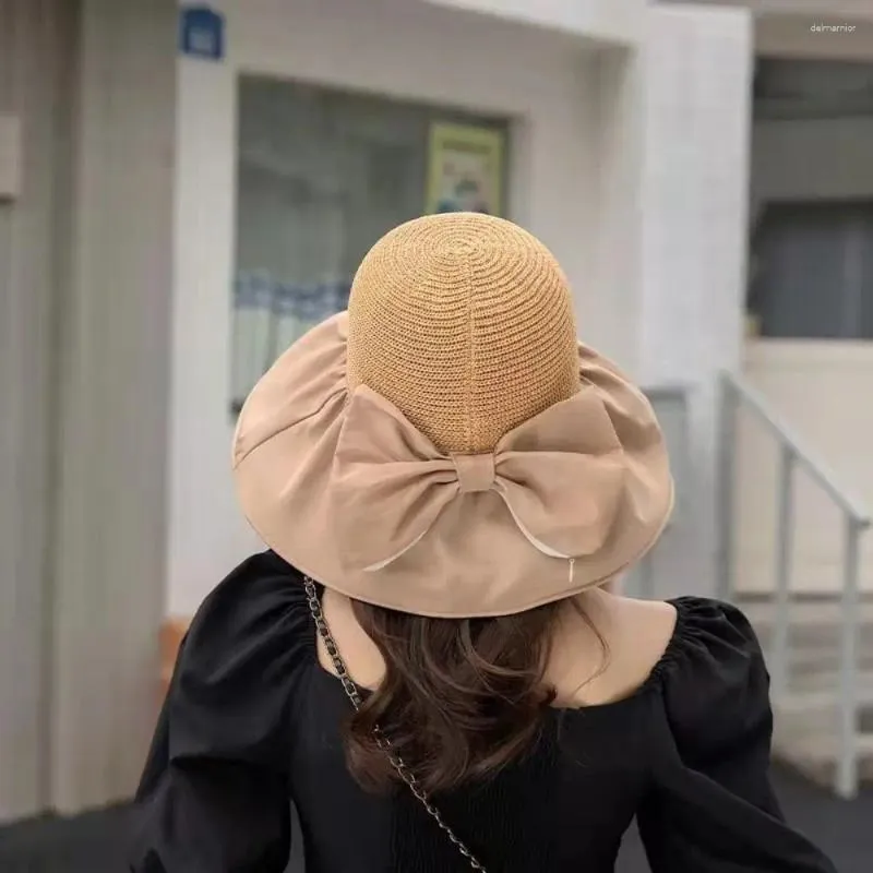 Cappelli a tesa larga per le donne Borsa pieghevole per arco Protezione estiva per esterni Protezione UV Tinta unita Bowknot Cappello per il sole Cappello da pescatore Secchio