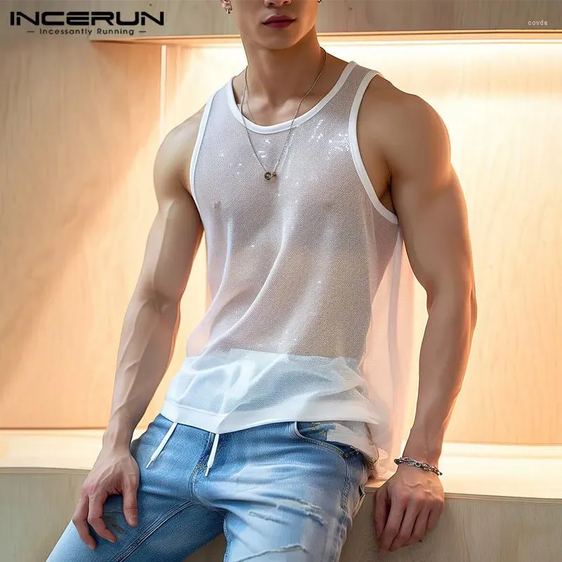 Mannen Tank Tops 2024 Mannen Effen O-hals Mouw Mesh Sexy Vesten Streetwear Fashion Party Transparante Casual Kleding S-5XL INCERUN