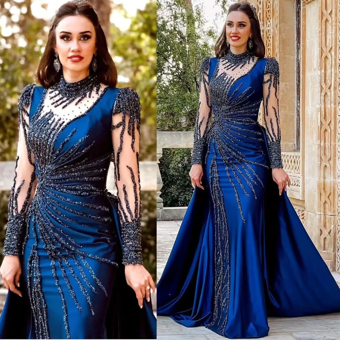 2024 Aso Ebi bleu marine sirène robe de bal paillettes dentelle satin perlée soirée formelle fête deuxième réception anniversaire robes de fiançailles robes robe de soirée ZJ95