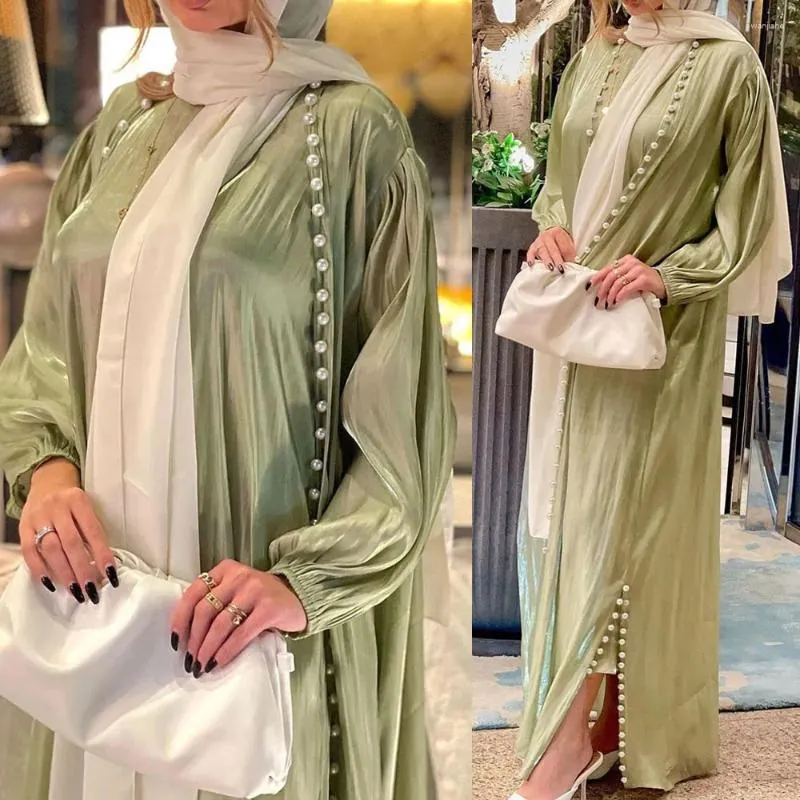 Etniska kläder muslimska abaya kvinnor klär 2 bit set abayas marocko caftan klänningar 2024 ramadan dubai arabiska siden satin kimono cardigan robe