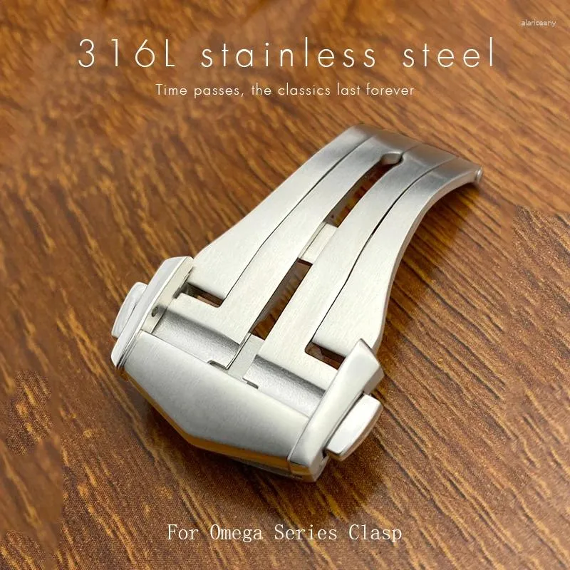 Titta på band 18mm kvalitetspekad rostfritt stål armelspänne för omega läder gummi rem distribution vikningsläcktillbehör