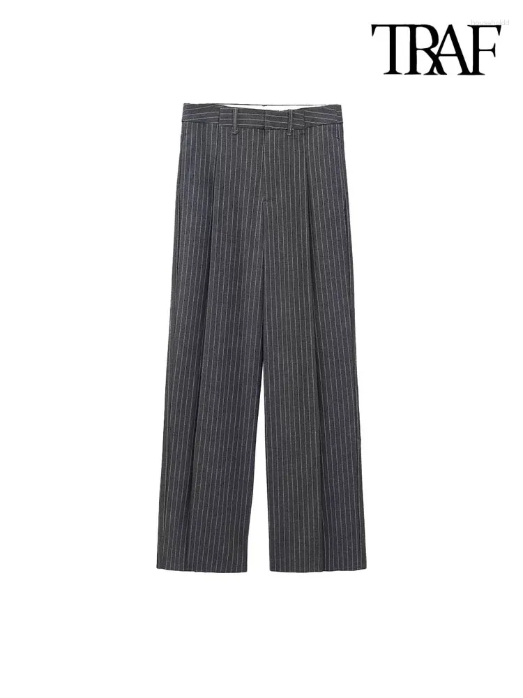 Women's Pants TRAF Women Fashion Side Pockets Pinstripe Straight Vintage High Waist Zipper Fly Female Trousers Mujer