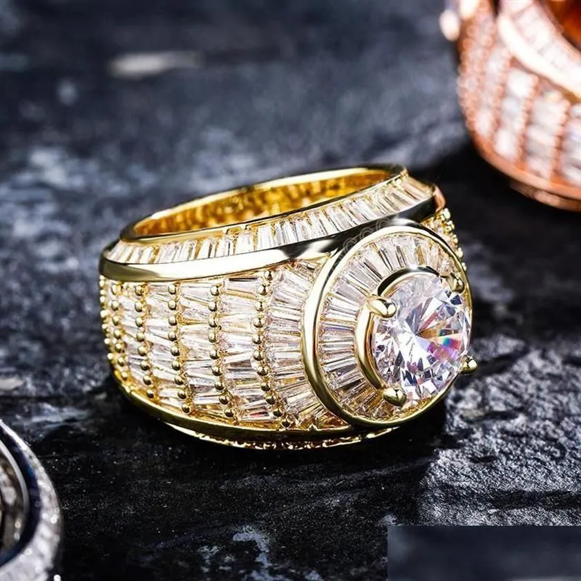 Bagues de bande Hip Hop Iced Out Baguette Cluster Cz Bague Top Qualité Or Blanc Mode Bijoux De Luxe Pour Cadeau Hommes Ring257M Drop Delive Dhrjh