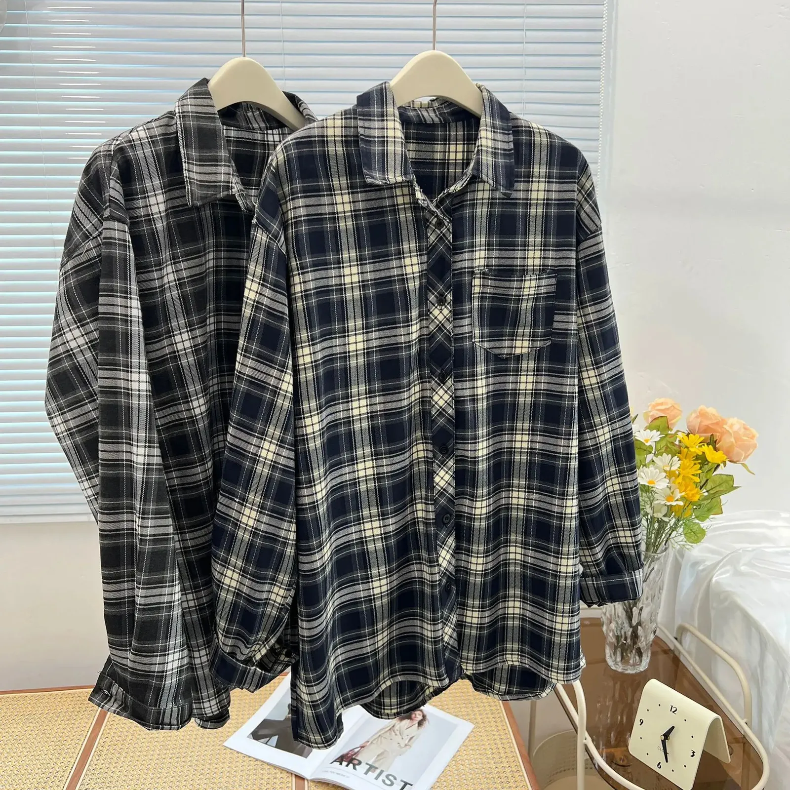 Американская винтажная клетчатая рубашка для женщин больших размеров, осенне-зимняя повседневная одежда, блузки с заниженными рукавами, модные свободные топы B2 3100 240202