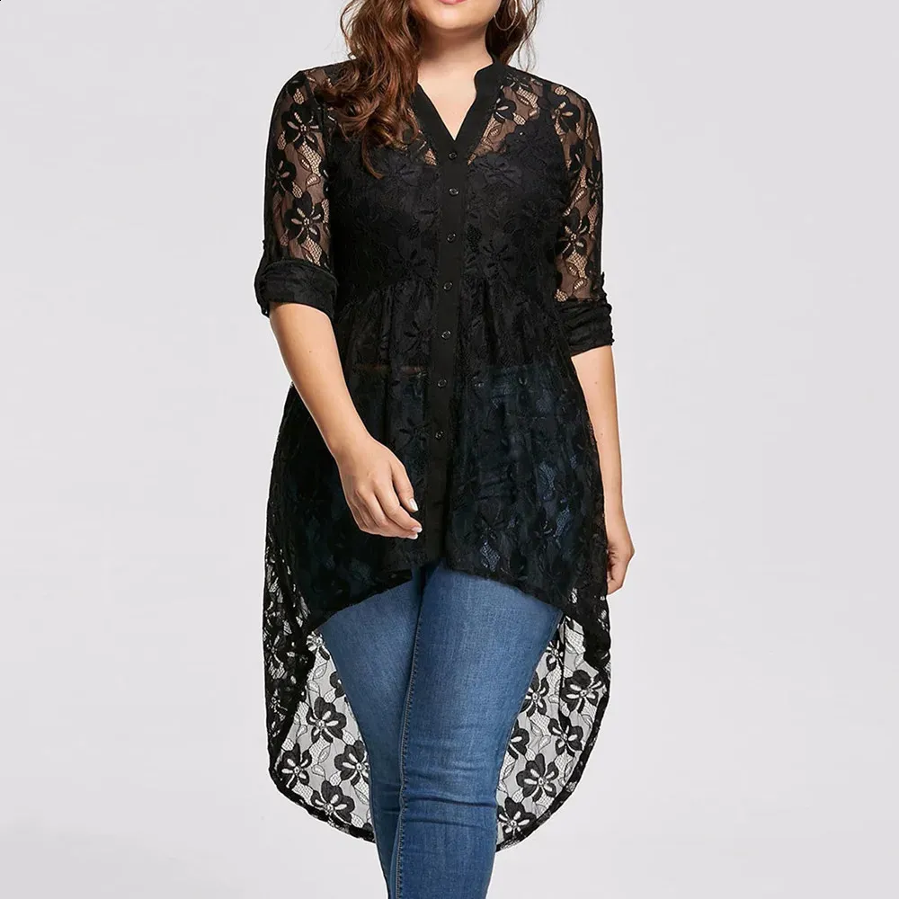 Elegant Lace Tops Women Ladies Plus Size Blouse Long Sleeve Lace Shirt Perspective Button Up Female Large Tops Womens Clothing 240201