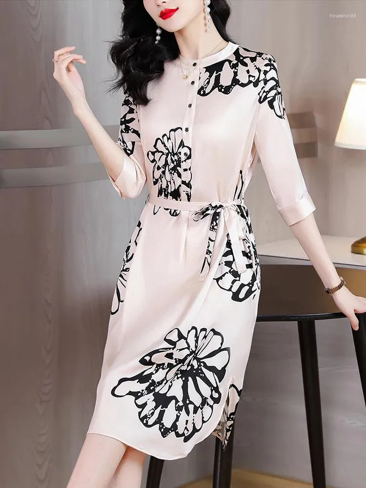 Festklänningar 2024 Spring Summer Silk Satin Midi Print Dress for Women Casual Elegant Prom Bodycon Vintage Shirt Tunics Korean Fashion