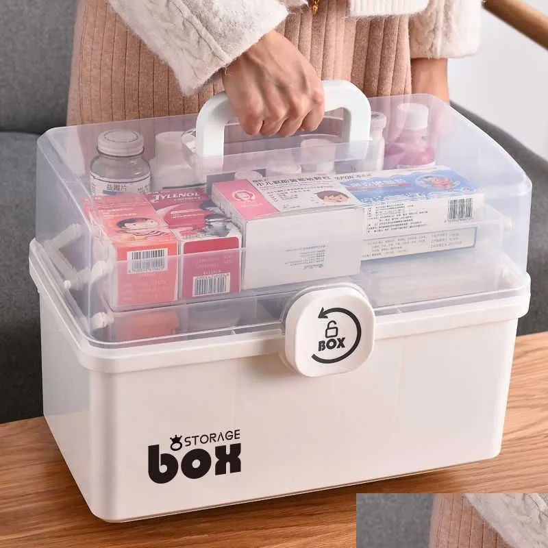 Storage Boxes & Bins Plastic Tier Medicine Boxes Storage Box Large Capacity Der Sundries Organizer Folding Chest First Aid Kit Drop De Dh0Gh