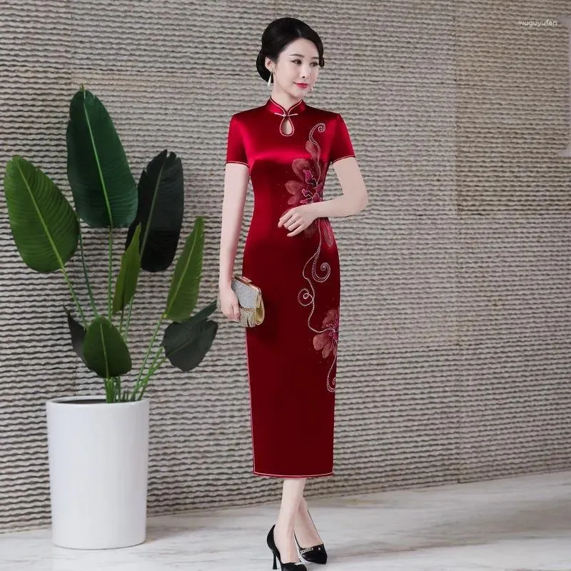 Ethnic Clothing Sexy Female Long Qipao Slim Half Sleeve Cheongsam Dress Chinese Style Burgundy Print Flower Mandarin Collar Vestidos 3XL 4XL