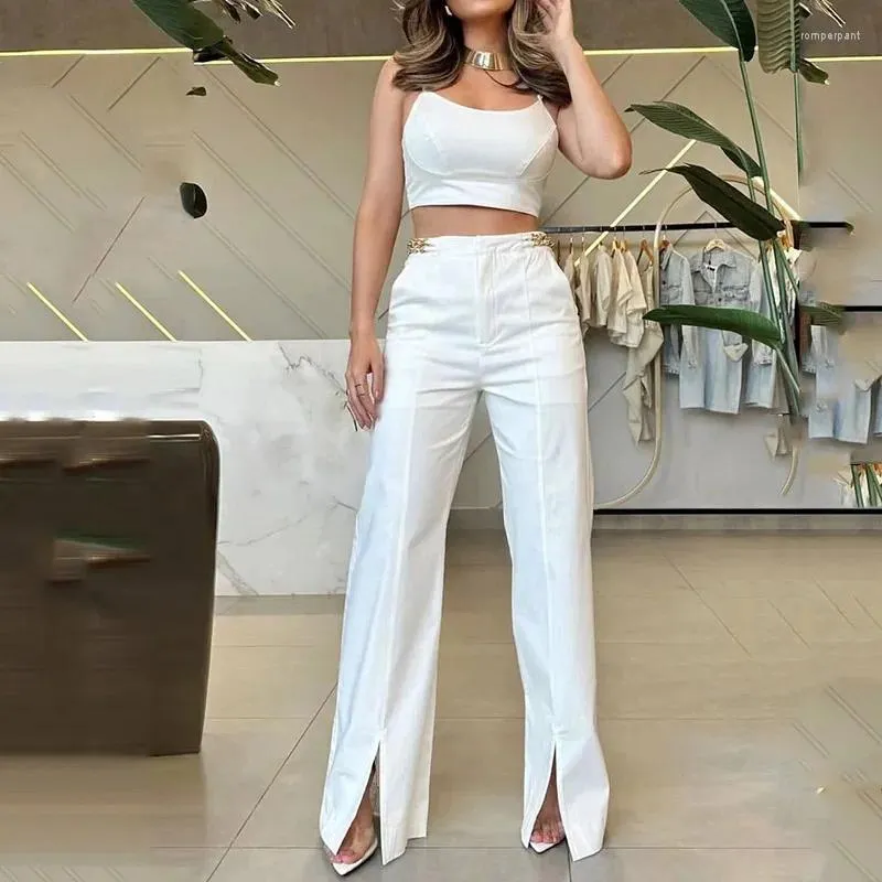 Women's Two Piece Pants Women Set Camisole Sleeveless Splice Crop Top Backless Split Straight Suit High Waist Casual Spring 2024