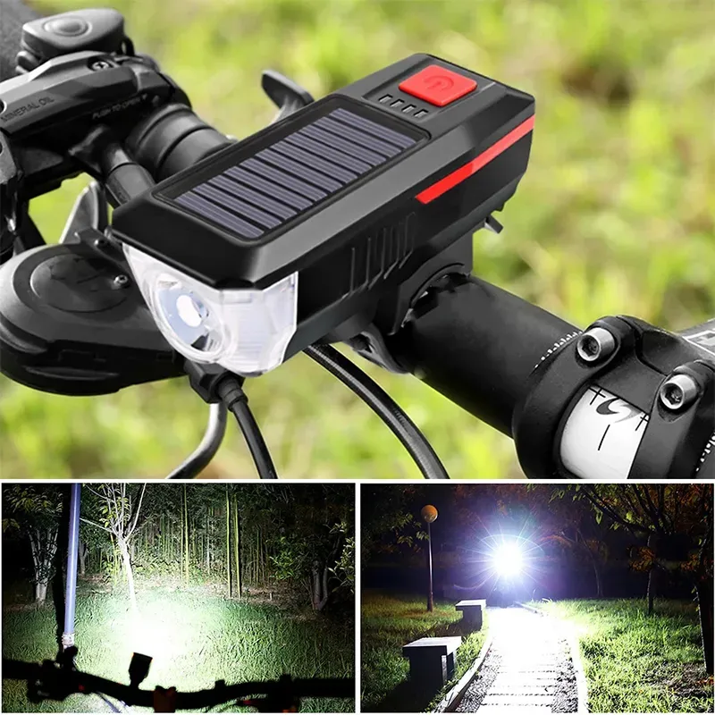 Solar Bike Lamp Front Flashlight with Horn Bicycle Lantern USB Rechargeable Lamp Taillight Cycling Accessories