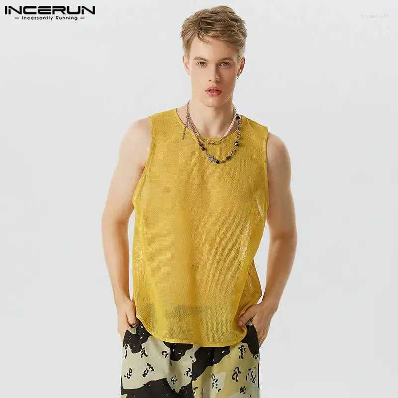 Men's Tank Tops INCERUN 2024 American Style Handsome Men Vacation See-through Mesh Waistcoat Casual Sexy Male O-neck Sleeveless Vests S-5XL