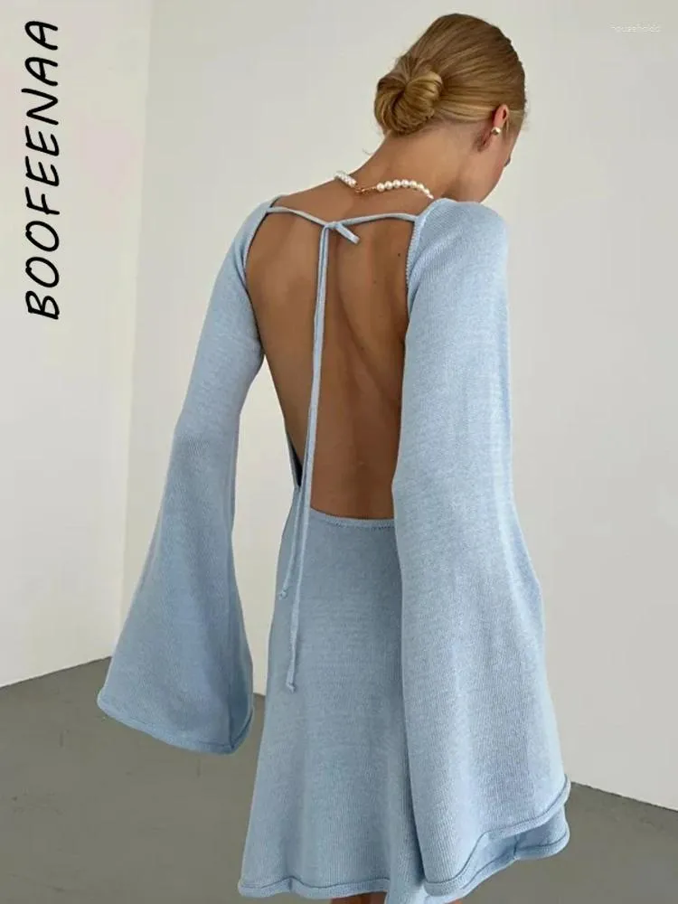 Casual Jurken BOOFEENAA Uitlopende Lange Mouwen Backless Kort Voor Vrouwen Gebreide Vakantie Outfit Herfst Winter 2024 C81-CH35