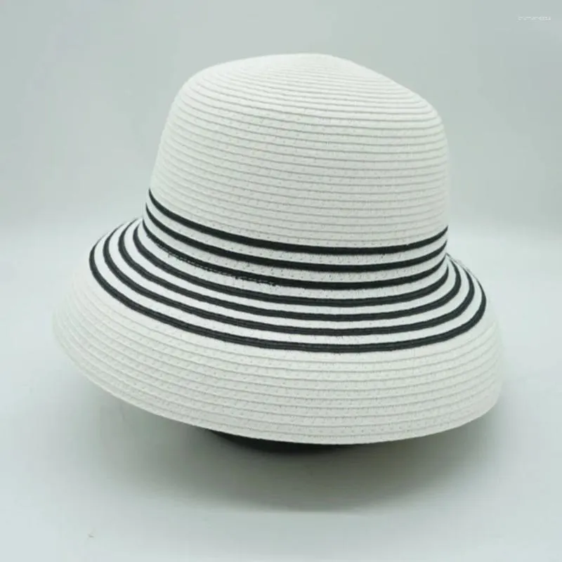 Chapeaux à large bord femmes chapeau d'été blanc disquette noir rayé paille soleil protection UV casquette de plage