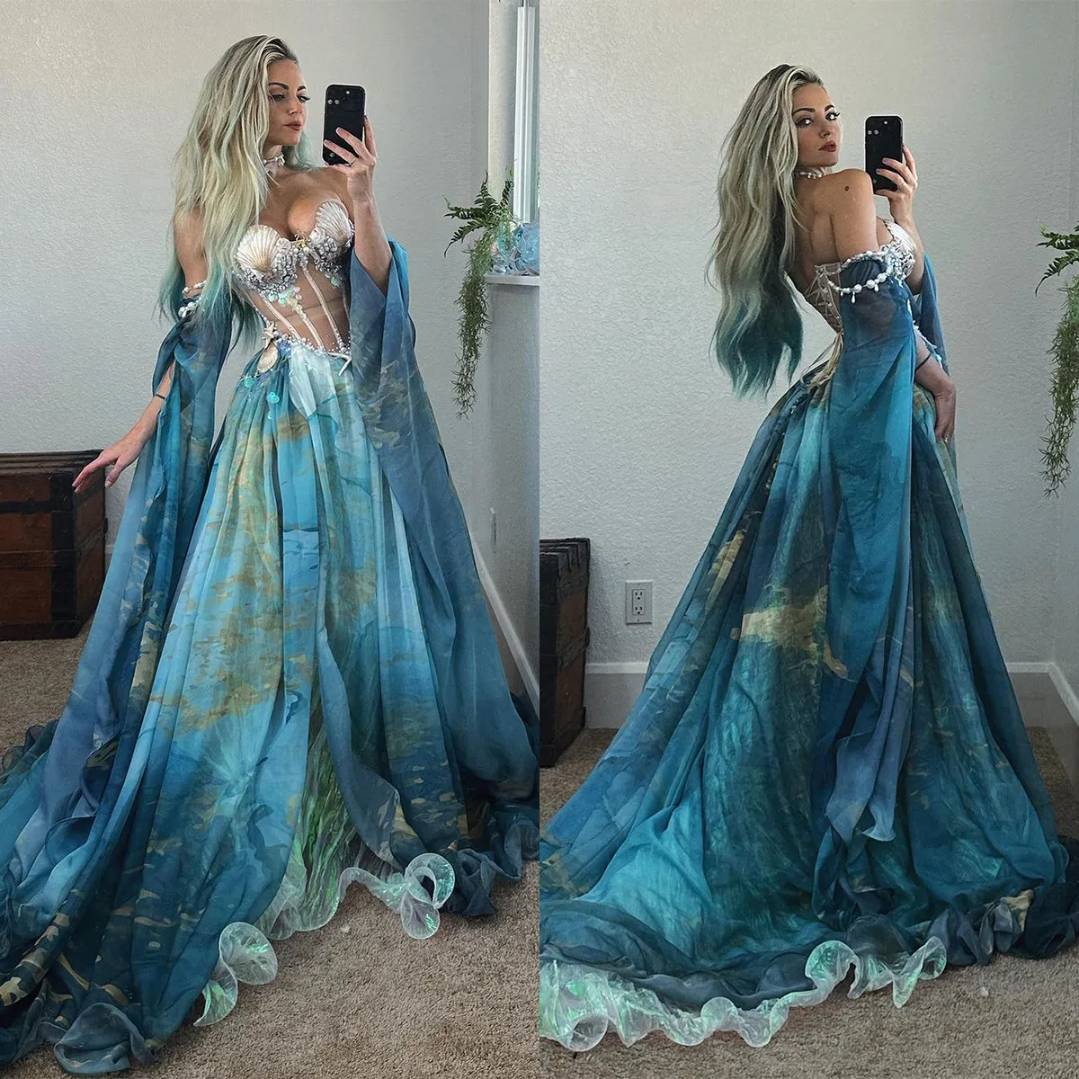 Mermaid Evening Dress Off-Shoulder Sweetheart Tulle Gown with Sweep Train  and Printed Pearls Plus Size