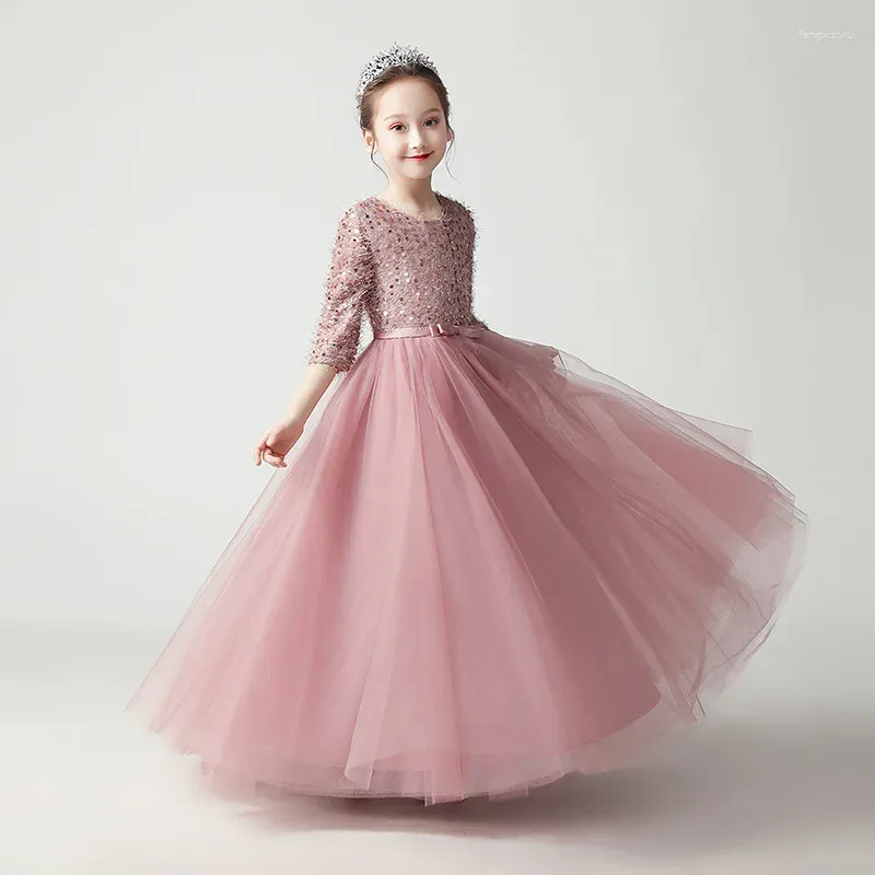 Girl Dresses Girls 'Long Sleeve Princess Dress Flower 2024 Children's Wedding Host Evening Piano Performance