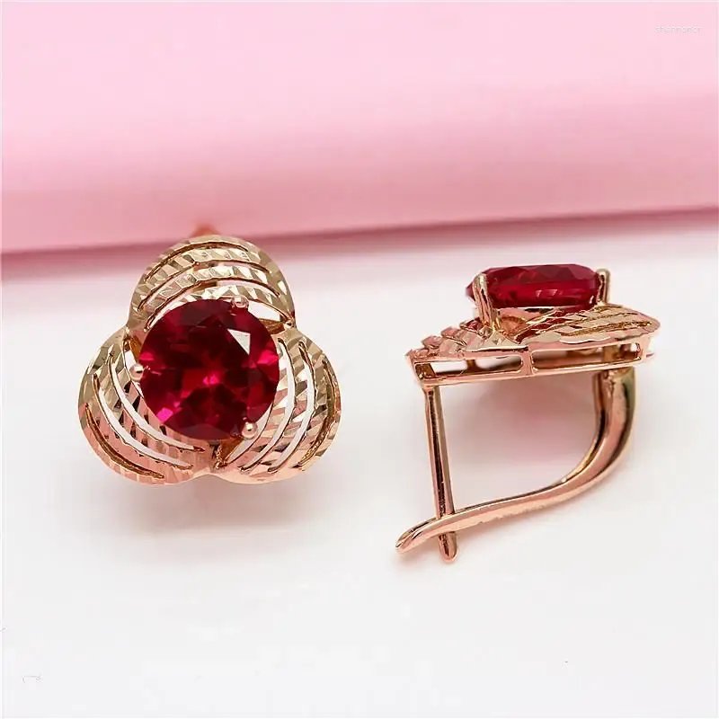 Stud Earrings Original 585 Purple Gold Plated 14K Rose Inlaid Red Gem Flower For Women Ear Buckle Banquet Light Luxury Jewelry