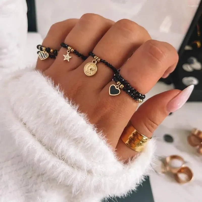 Cluster Ringen Obsidiaan Hart Ster Charme Vrouwen Etnische Handgemaakte Mode Roestvrij Stalen Sieraden Natuursteen Ring Groothandel