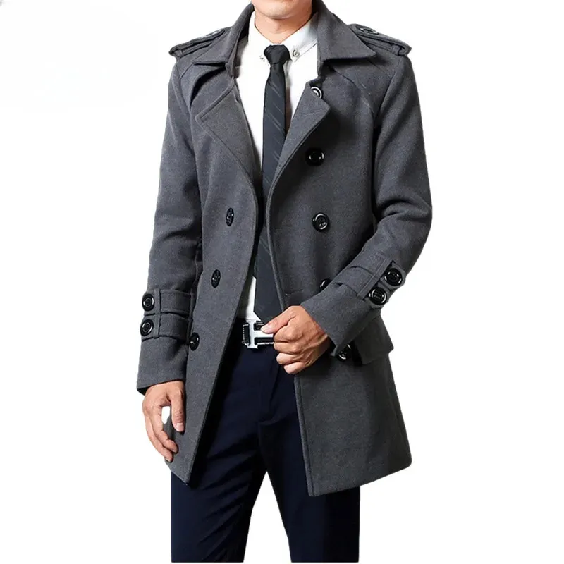 Jesień zima solidne płaszcze płaszcze mężczyzn płaszcza moda podwójna piersi kurtka wiatrówka z paskiem klapowym płaszcz parka 240122