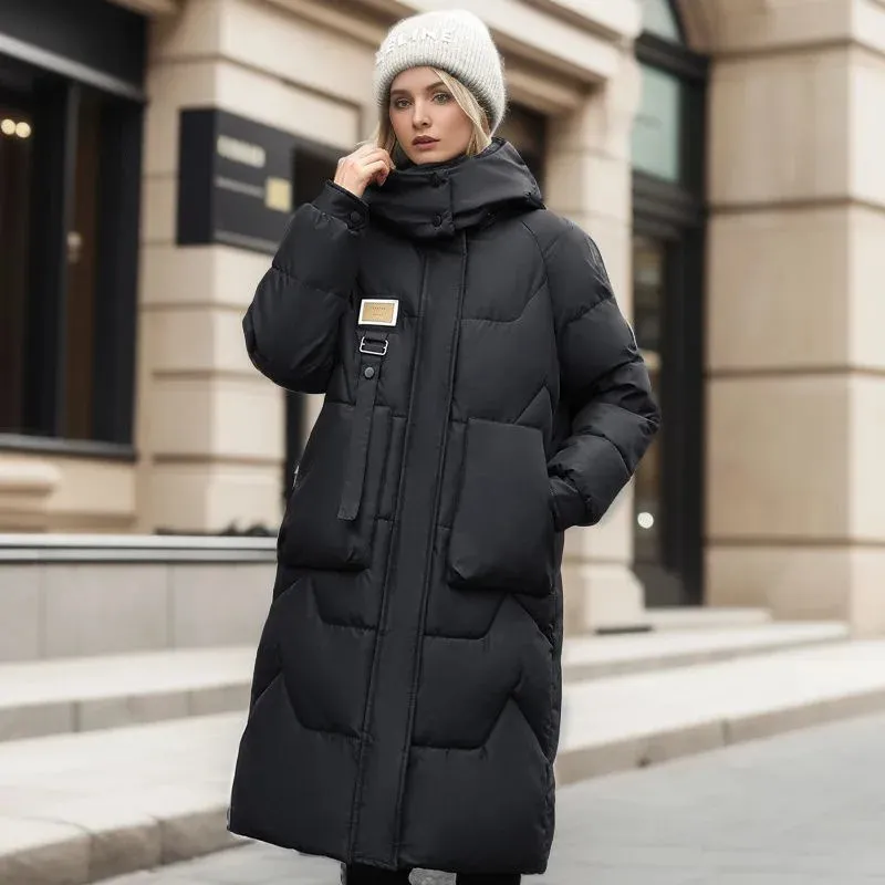 Unten Baumwolle Jacke Lange Parkas Frauen Herbst Winter 2023 Koreanische Streetwear Winddicht Dicke Warme Puffer Jacke Mit Kapuze Große Taschen 240125